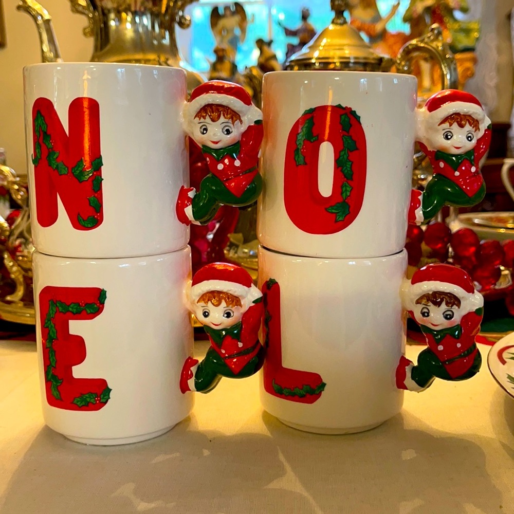 Vintage Ceramic Christmas House Of Loyd Christmas Elves NOEL Mugs. Set of 4